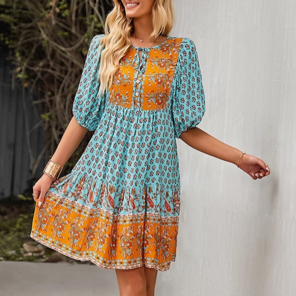 NEW! Boho Floral Puff Sleeve Tie Neck Swing Dress Easter Hippie Vibe Trendy Teal